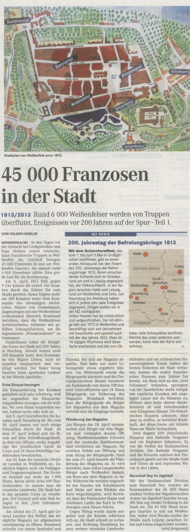 Reihe: "Ereignissen vor 200 Jahren auf der Spur - Teil I. - Mitteldeutsche Zeitung vom 19.04.2013