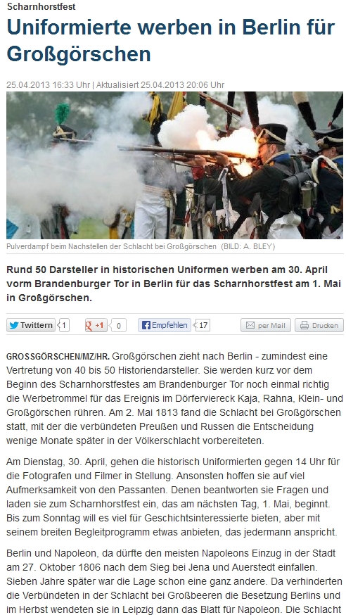 ”Uniformierte werben in Berlin für Großgörschen” Mitteldeutsche Zeitung vom 25.04.2013