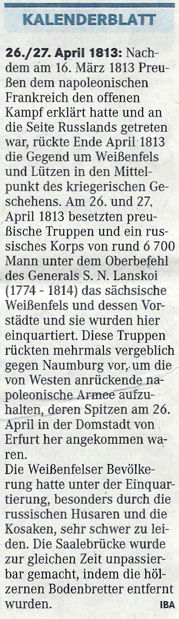 ”Kalenderblatt 26.04.1813” Mitteldeutsche Zeitung vom 26.04.2013