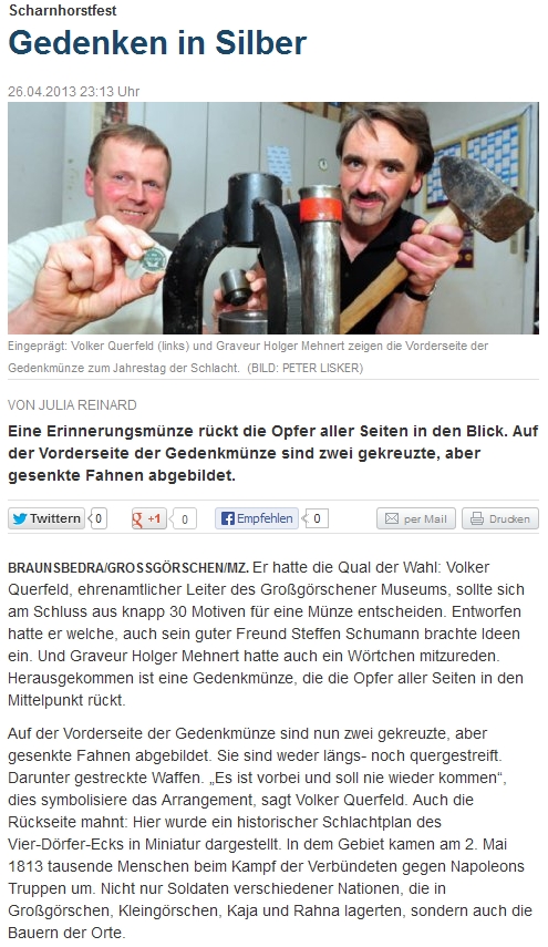 ”Gedenken in Silber” Mitteldeutsche Zeitung vom 27.04.2013