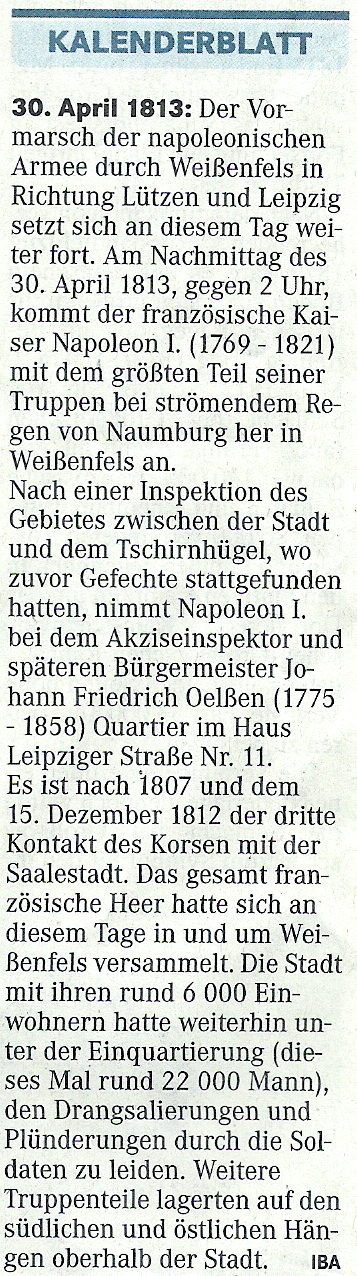 ”Kalenderblatt 30.04.1813” Mitteldeutsche Zeitung vom 30.04.2013