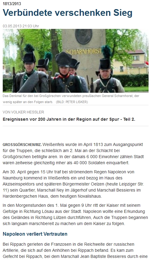 Reihe: "Ereignissen vor 200 Jahren auf der Spur - Teil II.” - Mitteldeutsche Zeitung vom 02.05.2013