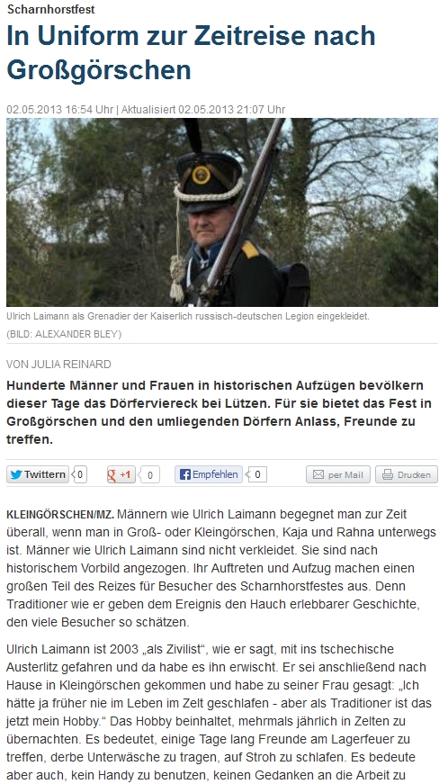 ”In Uniform zur Zeitreise nach Großgörschen” Mitteldeutsche Zeitung vom 03.05.2013