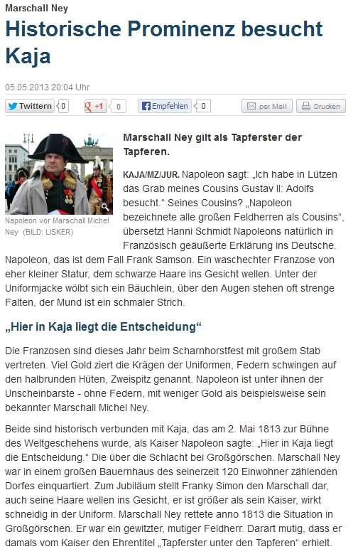 ”Historische Prominenz besucht Kaja” Mitteldeutsche Zeitung vom 07.05.2013