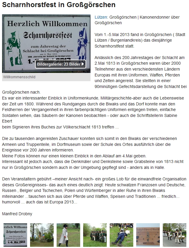 ”Scharnhorstfest in Großgörschen” Mitteldeutsche Zeitung - Bürgerreporter vom 06.05.2013
