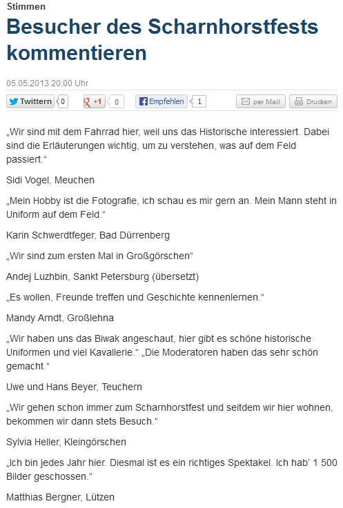 ”Besucher des Scharnhorstfestes kommentieren” Mitteldeutsche Zeitung vom 06.05.2013