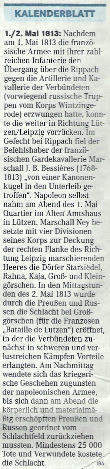 ”Kalenderblatt 01.05.1813” Mitteldeutsche Zeitung vom 01.05.2013