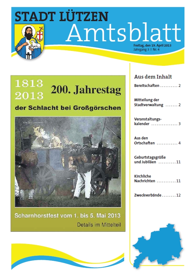 ”Informationen, Termine, Ausstellungen rund ums Scharnhorstfest 2013” Lützener Amtsblatt vom 19.04.2013