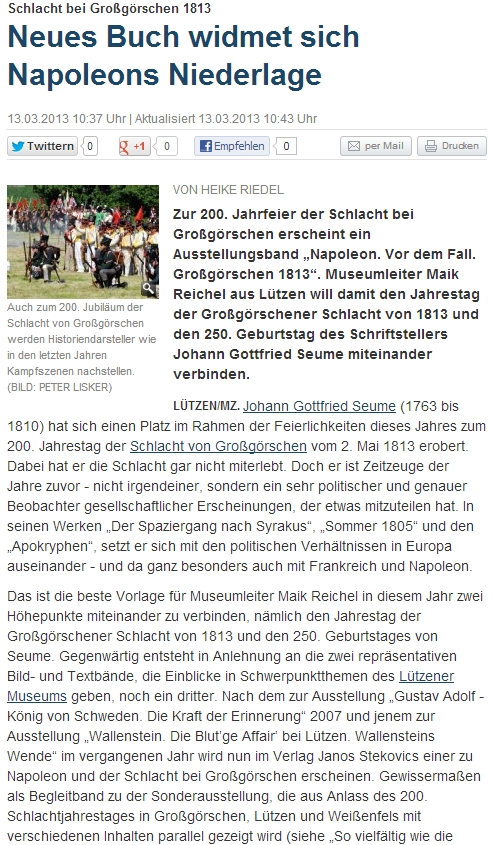 ”Neues Buch widmet sich Napoleons Niederlage” Mitteldeutsche Zeitung vom 13.03.2013