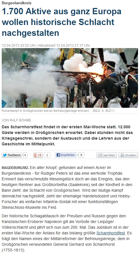 ”1.700 Aktive aus ganz Europa wollen historische Schlacht nachgestalten” Mitteldeutsche Zeitung vom 12.04.2013
