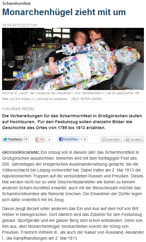 ”Monarchenhügel zieht mit um” Mitteldeutsche Zeitung vom 19.04.2013